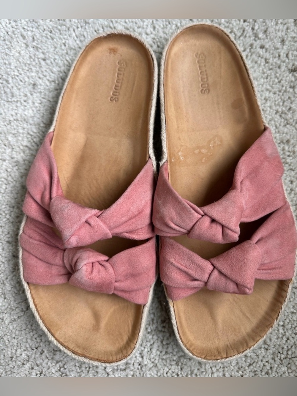 Soludos Pink Knotted Suede Slide Espadrille Double Bow Sandals Size 9